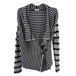 RODIKA ZANIAN 100% Merino Wool Striped Cardigan • Large • black gray • moto chic